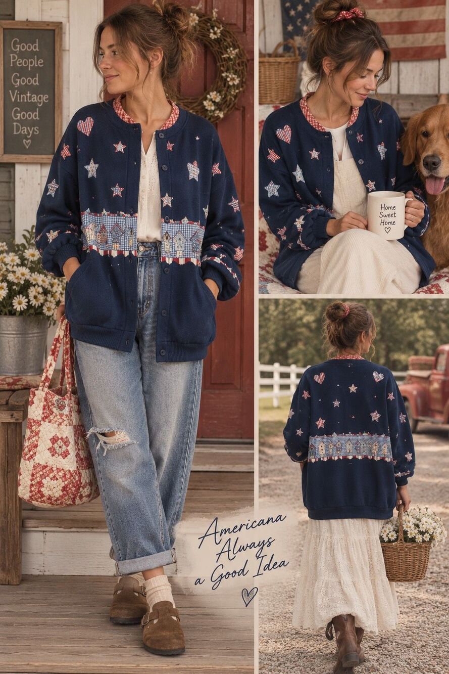 Vintage Americana Cardigan XXL Navy Patriotic Stars Hearts Folk Art USA Made Cot